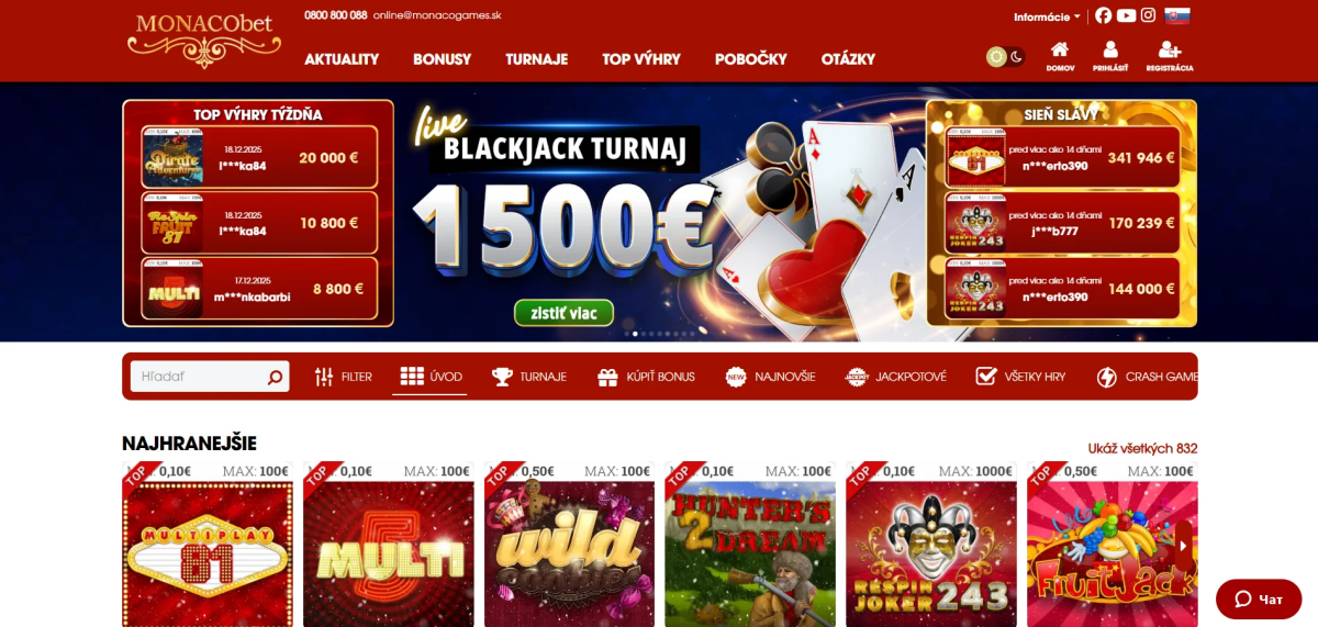 MonacoBet Online Kasíno Slovensko – hlavná obrazovka